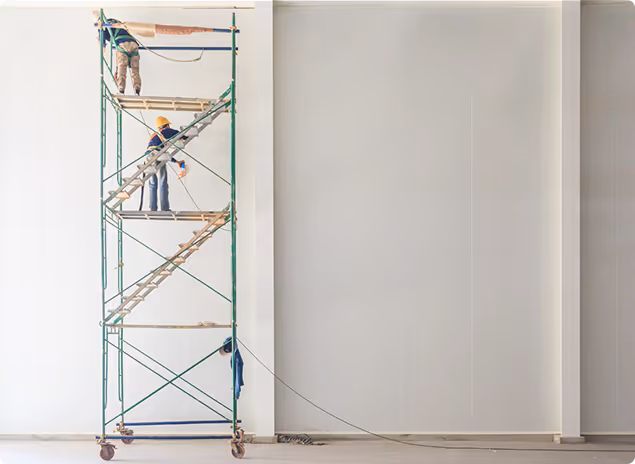 Zwei Bauarbeiter, einer oben und einer in der Mitte eines grünen Gerüsts, arbeiten an einer großen weißen Wand in einem Innenraum.